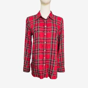 Talbots Red Plaid Polka Dot Button Front Shirt Small Cotton Rayon Blend Holiday